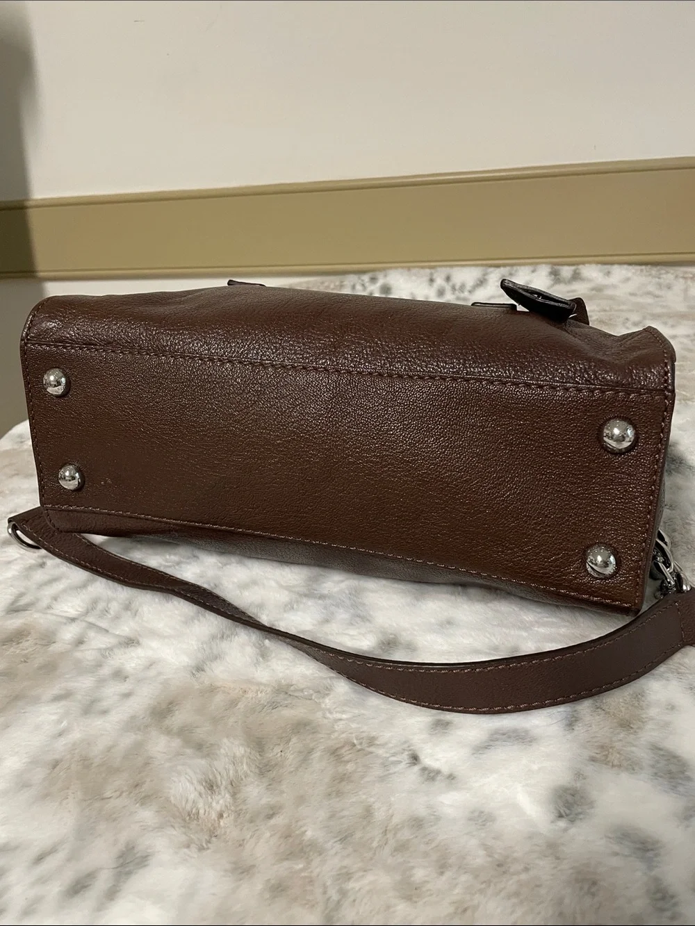 Michael Kors Dark Brown Pebbled Leather Satchel with Silver Hardware